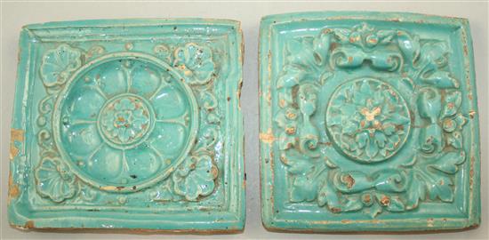 4 Damascan tiles and 2 turquoise glazed pottery tiles, average 20cm x 20cm